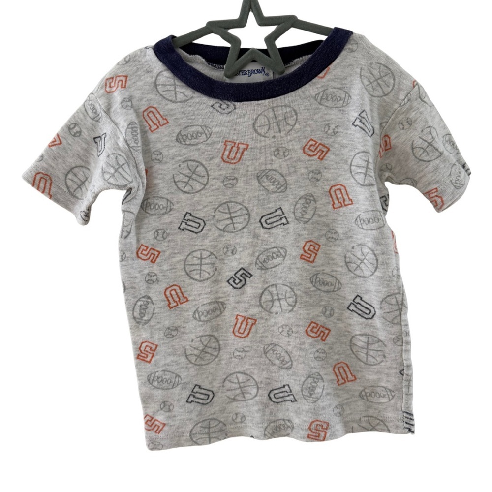 Y2K Buster Brown Kids Sports T-Shirt - Gray with Orange and Navy Accents Size 5